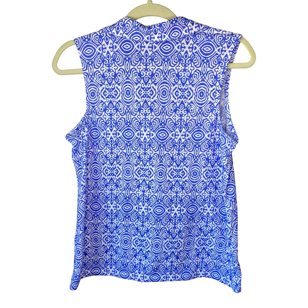 Emily Daniels Womens Blue White Geometric Medallion Sleeveless V-Neck Top Medium - Picture 2 of 11